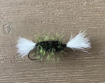 Salmon Bomber Dry Fly – White/Black/Chartreuse Grizzly