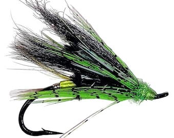 May include: A close-up of a fishing fly with a black hook and a vibrant green and black feather design. The fly has a metallic gold accent and is designed for angling.