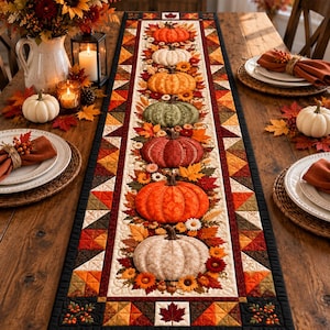 May include: A rectangular fabric table runner featuring a central vertical row of six pumpkins in various colours including white, orange, green, and red, surrounded by autumn leaves and flowers, with a geometric triangle border in autumn colours.