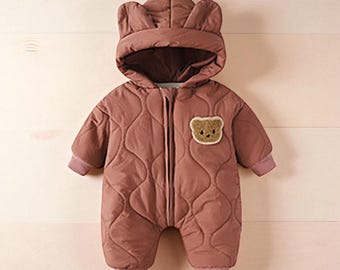Fur-Lined Baby Romper, Cartoon Bear Jumpsuit, Winter Snowsuit