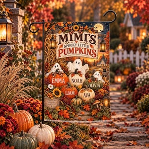 Bandera de jardín personalizada de Halloween para la abuela, calabazas pequeñas espeluznantes, nombres personalizados de los nietos, decoración de otoño con calabazas fantasma para el jardín.