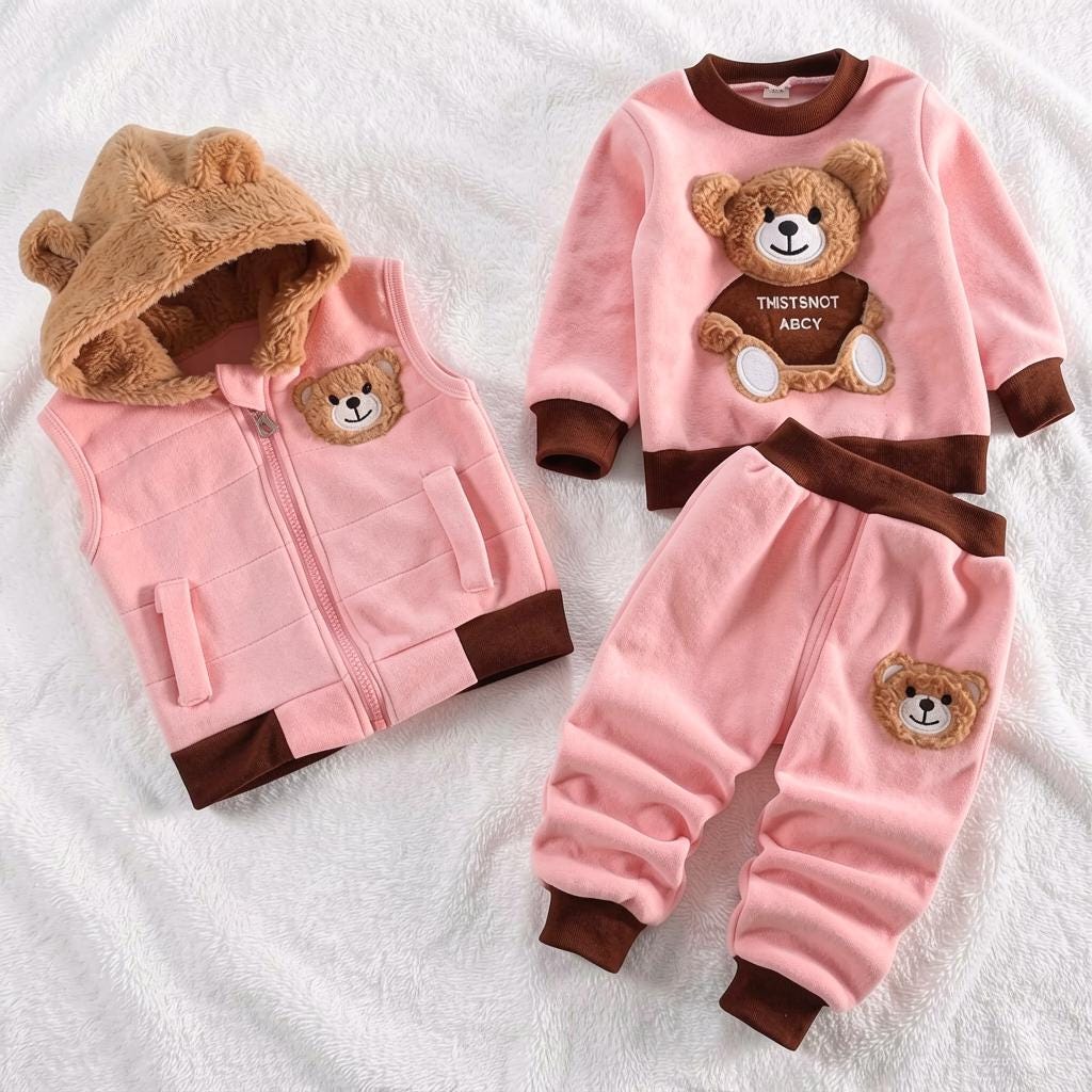 Baby Outfit Set - Bear Sweater, Hooded Vest & Pants, Winter Clothes