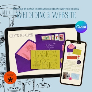 May include: A digital wedding website design displayed on a tablet and smartphone. The design features a romantic Mexican-inspired theme with purple, pink, and green elements. Text includes "Wedding Website", "Jessica & Eric", and "Click to Open".