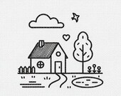 Minimalist House Embroidery Pattern, Modern Tiny Home Line Art Design, Simple Nature Scene Digital Download, Beginner Friendly DIY Decor