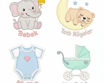 Baby Embroidery Designs: Elephant, Bear, Bodysuit, Stroller (Digital Download)