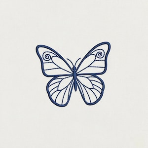 Könnte beinhalten: Ein detailliertes, marineblaues Schmetterlingsdesign auf weißem Hintergrund. Der Schmetterling weist filigrane Linien auf, wobei geschwungene und gerade Linien die Flügel und den Körper definieren. Die Flügel haben ein zartes, offenes Muster.