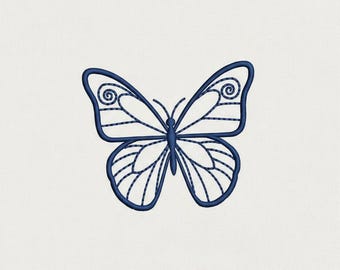 Blue Butterfly Outline Embroidery Design, Linear Art (PES DST JEF Digital File)