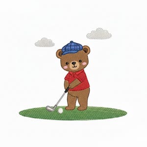 May include: An embroidered design of a brown bear wearing a red polo shirt and a blue golf cap, swinging a golf club. The bear is standing on a green patch of grass with a white golf ball, with two white clouds in the background.