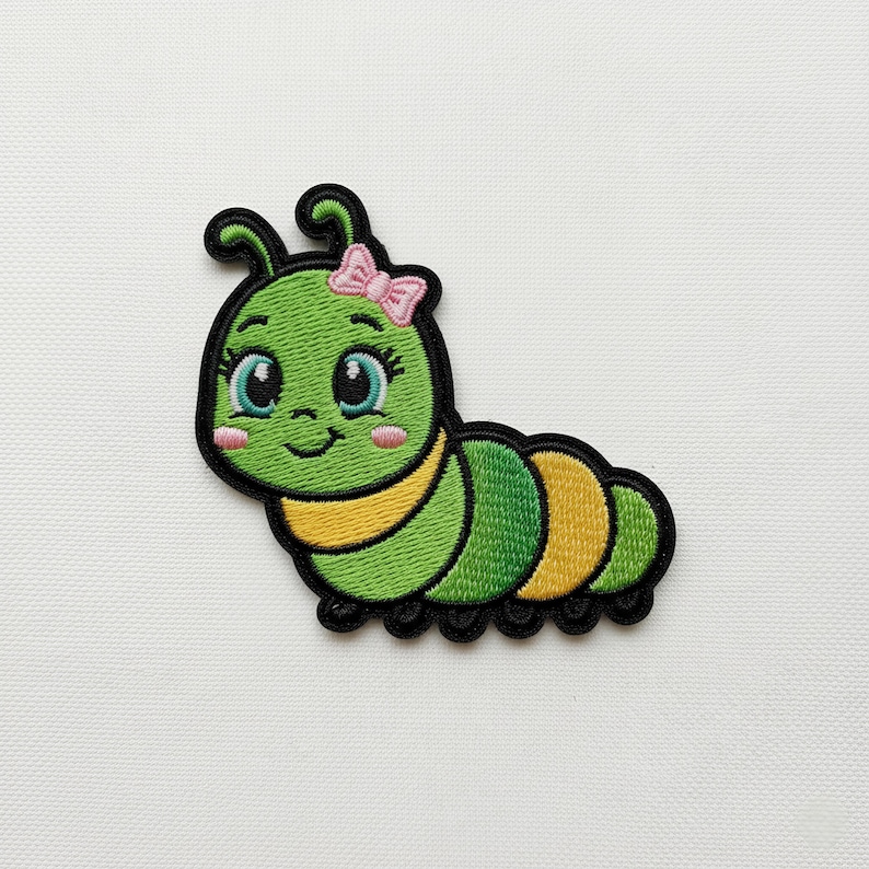 May include: Embroidered patch of a cartoon caterpillar with a smiling face, large blue eyes, and a pink bow. The caterpillar is mainly green with yellow and black details, suitable for decorating clothes or accessories.