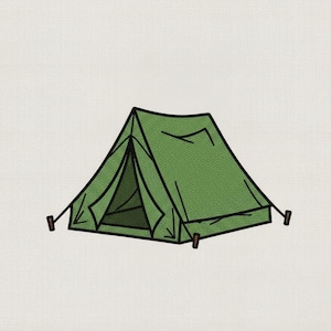 Può includere: Illustrazione di una tenda da campeggio verde con contorni neri. La tenda ha un design a capanna con un lembo anteriore aperto. I picchetti di legno sono visibili alla base. Lo sfondo è di colore bianco sporco.
