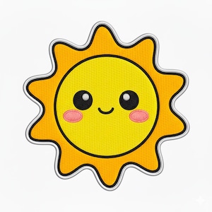 Può includere: Un disegno di sole ricamato con un volto sorridente. Il sole presenta un centro giallo, raggi arancioni, occhi neri, guance rosa e un contorno nero. Adatto a vari progetti di artigianato.