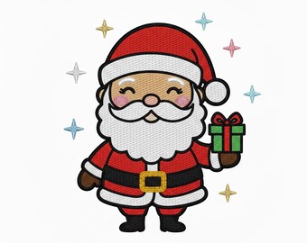 Puede incluir: Ilustración de dibujos animados de Papá Noel. Lleva un traje rojo con cinturón negro y barba blanca. Papá Noel sostiene una caja de regalo verde con un lazo rojo. Estrellas de colores rodean a Papá Noel.