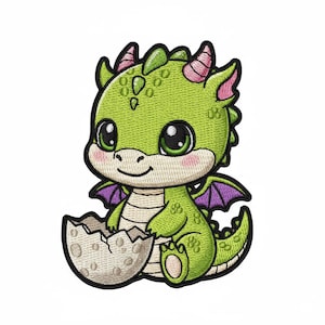 May include: Embroidered patch featuring a cute green dragon hatching from an egg. The dragon has large black eyes, pink accents, and purple wings. The eggshell is off-white with brown speckles. This patch is perfect for adding to clothing or accessories.