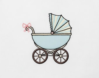 Vintage Baby Carriage Embroidery Design, Classic Blue Pram PES File, Newborn Boy Baby Shower Gift, Antique Stroller Machine Embroidery Art
