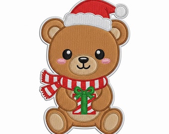 Diseño de bordado de oso navideño kawaii: Osito de peluche navideño con regalo (PES JEF DST)