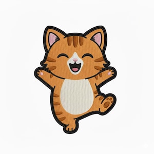 May include: Embroidered patch of a happy orange tabby cat with brown stripes, black outline, and a white belly. The cat is smiling with its arms and one leg raised in a playful pose. The cat's ears are pink.