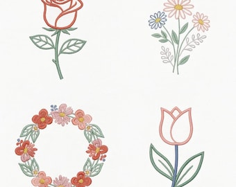 Conjunto de diseños de bordado floral, patrones de coronas de rosas, tulipanes y margaritas (descarga digital)