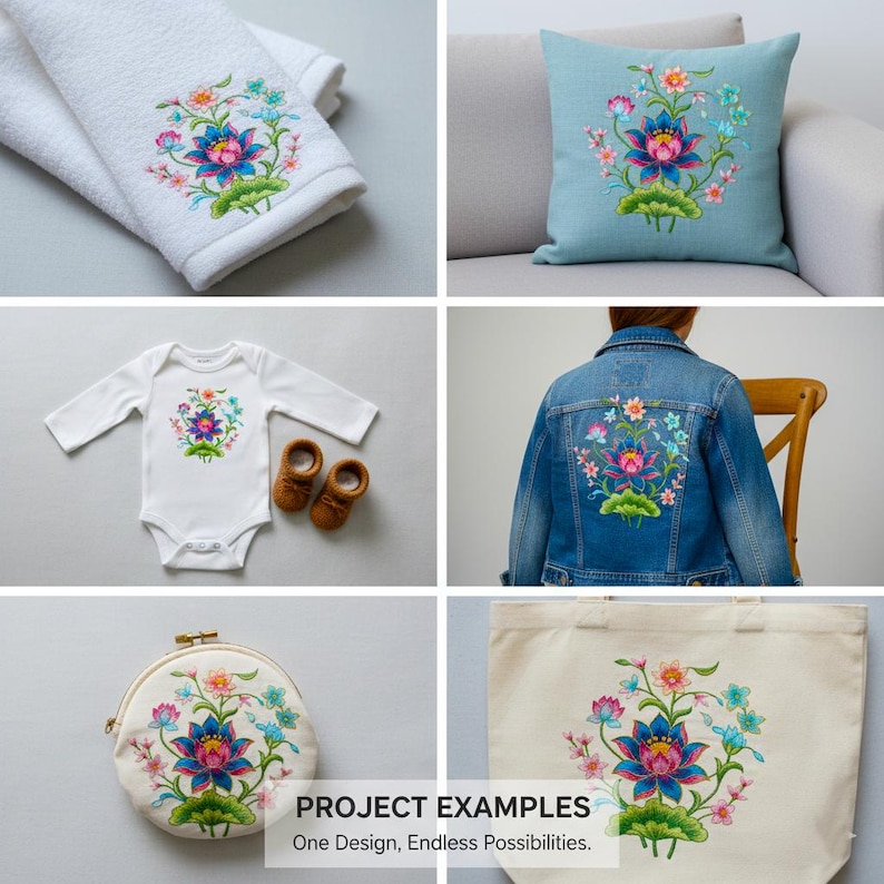 May include: A collection of embroidered items showcasing a floral design. The items include a white towel set, a blue cushion, a white baby bodysuit, a denim jacket, a coin purse, and a tote bag. The text "PROJECT EXAMPLES" and "One Design, Endless Possibilities" is also visible.