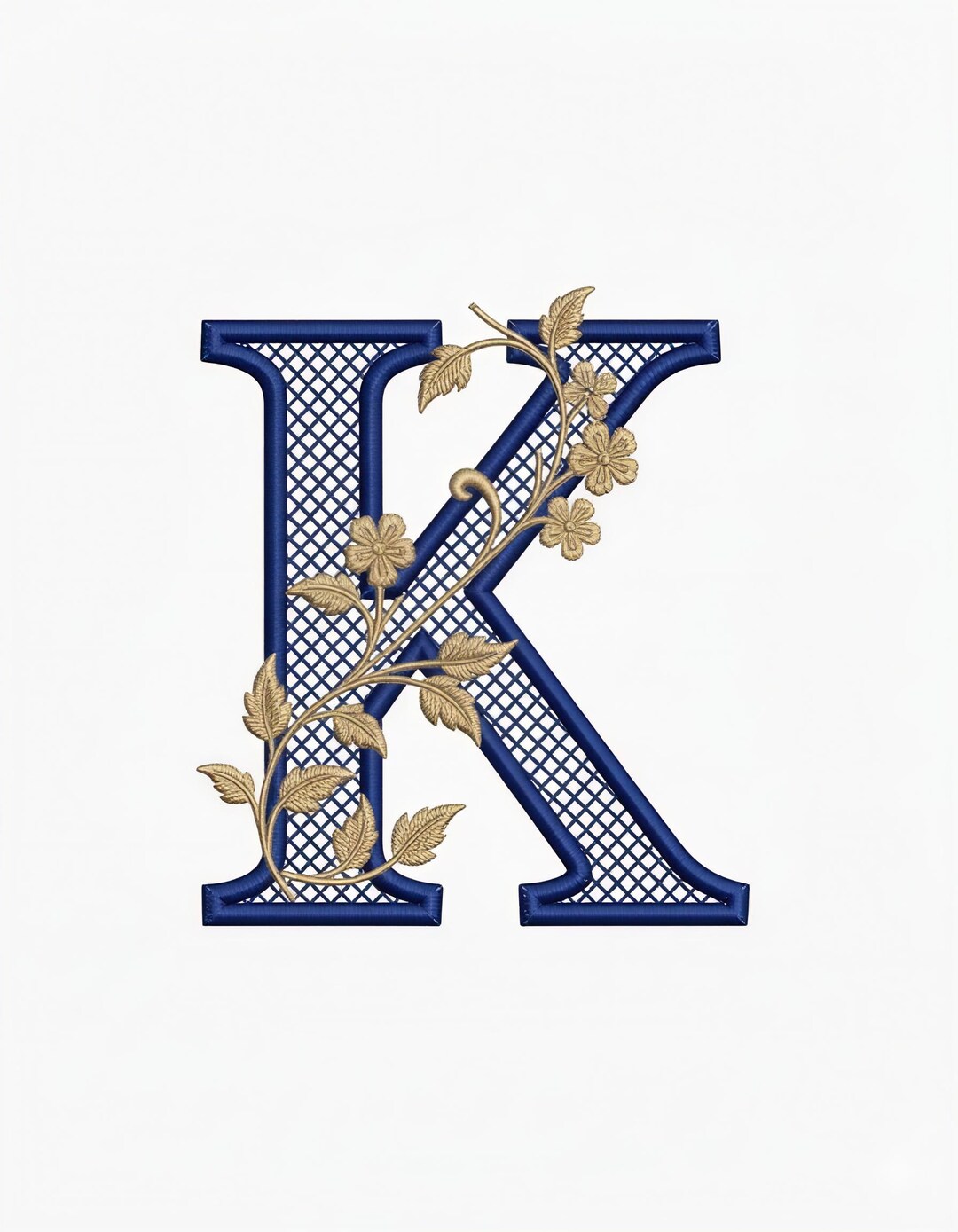 Patterned K Letter Floral Letter K Embroidery Design, Navy Blue Gold Monogram (digital ...