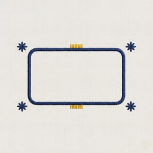 May include: Embroidered design featuring a navy blue rectangular frame with rounded corners, accented by four navy blue starbursts. The frame has yellow detailing at the top and bottom, all on a white background.