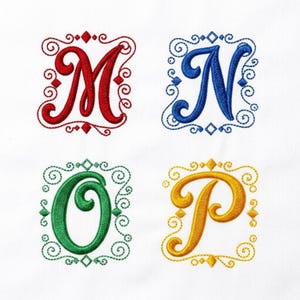 May include: Four embroidered letters M, N, O, and P arranged in a grid. Each letter features a distinct color: red, blue, green, and yellow. Every letter is enclosed within a decorative, swirling frame with small diamond-shaped accents.