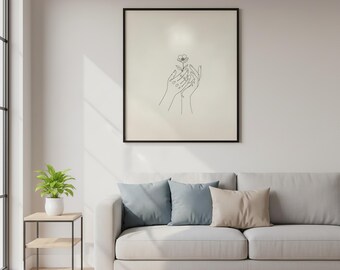 Stampa artistica minimalista con mani e fiori, decorazione murale moderna (download digitale)