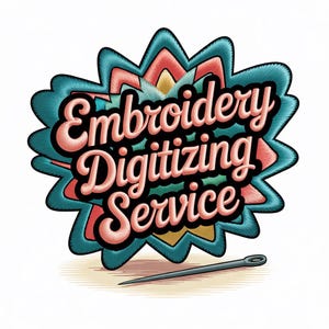 Peut inclure: Illustration colorée avec le texte "Embroidery Digitizing Service" dans une police cursive stylisée. Le texte est placé sur un motif floral turquoise et corail. Une aiguille est positionnée en dessous, évoquant la couture ou la broderie.