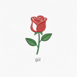 May include: Embroidered red rose with green stem and leaves on a white background. The word "gül" is embroidered below the flower. This floral design is suitable for various craft projects.