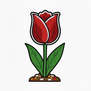 May include: Embroidered patch featuring a red tulip with white trim and a black outline. The tulip has green leaves and a green stem. The base of the flower is brown with colorful dots.