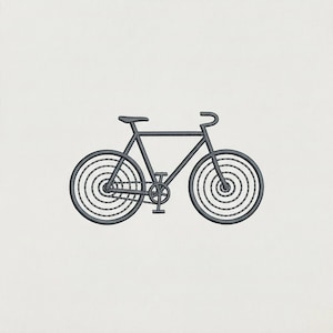 May include: A dark gray bicycle with a minimalist design. The wheels feature a concentric circle pattern. The bicycle is set against a plain white background, highlighting its simple, yet stylish aesthetic.