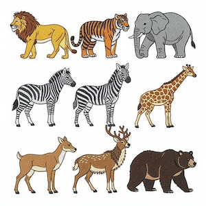 Puede incluir: Diseños de animales bordados que incluyen un león, un tigre, un elefante, cebras, una jirafa, ciervos y un oso. El león es amarillo con una melena marrón. El tigre tiene rayas naranjas y negras. El elefante es gris.