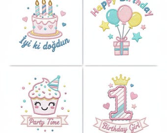 Cute Birthday Machine Embroidery Design Bundle, Cake Balloon Cupcake First Birthday Digital Embroidery Files, Instant Download, Embroidery
