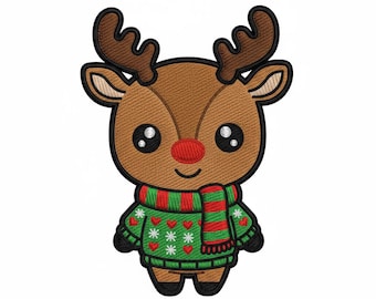 Lindo archivo de diseño de bordado de reno para suéter navideño feo / Patrón de aplicación a máquina con nariz roja / Arte de puntada digital navideña
