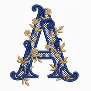 May include: Embroidered letter "A" in navy blue with gold floral accents. The letter features a lattice design and is adorned with gold flowers and leaves. The design has a vintage, ornate style, perfect for personalized crafts or decor.