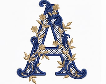 Floral Letter A Embroidery Design, Elegant Blue and Gold Monogram Pattern, Luxury Royal Alphabet Digital File, Download Machine Embroidery