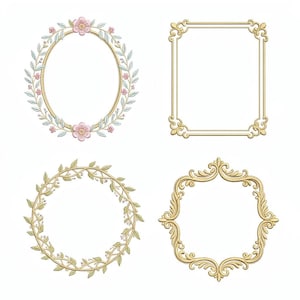 Può includere: Quattro cornici ornate dorate. Le cornici sono di diverse forme: un ovale con accenti floreali, una cornice rettangolare con angoli decorativi, una cornice circolare con foglie e una cornice decorativa.