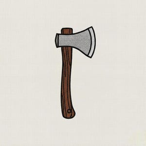 May include: An embroidered axe with a silver blade and a brown wooden handle. The axe head is outlined in black, and the handle features wood grain details. The design is set against a textured, off-white background.