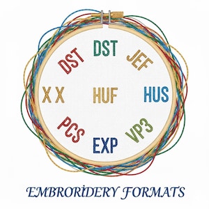 May include: An embroidery hoop with a wooden frame, holding white fabric. The fabric features embroidery file formats in various colours: DST, JEF, HUS, VP3, EXP, PCS, and XX. The words "EMBROIDERY FORMATS" are written below.