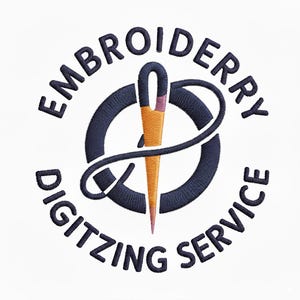 Puede incluir: Logotipo bordado con el texto "EMBROIDERY DIGITIZING SERVICE" en un diseño circular. El logotipo presenta una aguja que perfora un círculo con hilo. La aguja es naranja y morada, el círculo y el texto son azul marino, sobre fondo blanco.