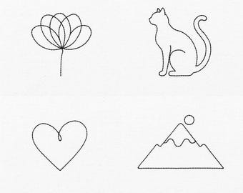 Minimalist Embroidery Design Set, Cat, Mountain, Heart, Flower (Digital Download)