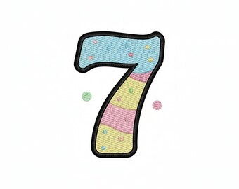 かわいい虹の誕生日の数字7 SEVEN機械刺繍アップリケデザインサイズ4