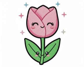 Diseño de bordado de tulipán kawaii: flor rosa con puntada a máquina (PES DST JEF)