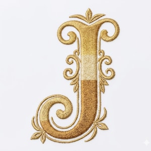 Può includere: Lettera maiuscola "J" ricamata in filo d'oro con volute ornate e accenti floreali. La lettera presenta un design bicolore, con una striscia più chiara al centro. Sfondo bianco.