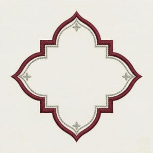 May include: An embroidered quatrefoil design with a deep burgundy border and silver-grey rope trim. Small, four-petal flower motifs are placed at each curve. The background is a cream-coloured fabric. The design is suitable for various craft projects.