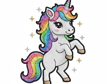 Rainbow Unicorn Applique Embroidery Design: Kids Shirt Patch (Digital File)