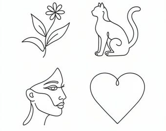 Minimalist Line Art Embroidery Designs, Floral Cat Face Heart (Digital Download)