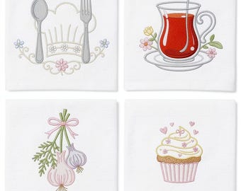 Kitchen Embroidery Designs, Chef Hat, Cupcake, Tea Cup, Garlic (Instant Download)