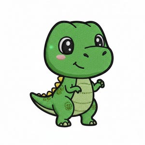 May include: A green cartoon dinosaur with a friendly expression. The dinosaur has large black eyes, pink cheeks, and a yellow spine. The design is embroidered on a white background.