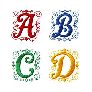May include: Four embroidered letters: A in red, B in blue, C in green, and D in gold. Each letter is within a square frame with decorative swirls and diamond shapes. The letters have a classic, ornate style.