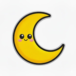 Könnte beinhalten: Ein gelber Halbmond mit einem lächelnden Gesicht und rosigen Wangen. Der Mond hat einen schwarzen Umriss und ist vor einem weißen Hintergrund platziert. Das Design erinnert an einen Cartoon oder einen gestickten Aufnäher.